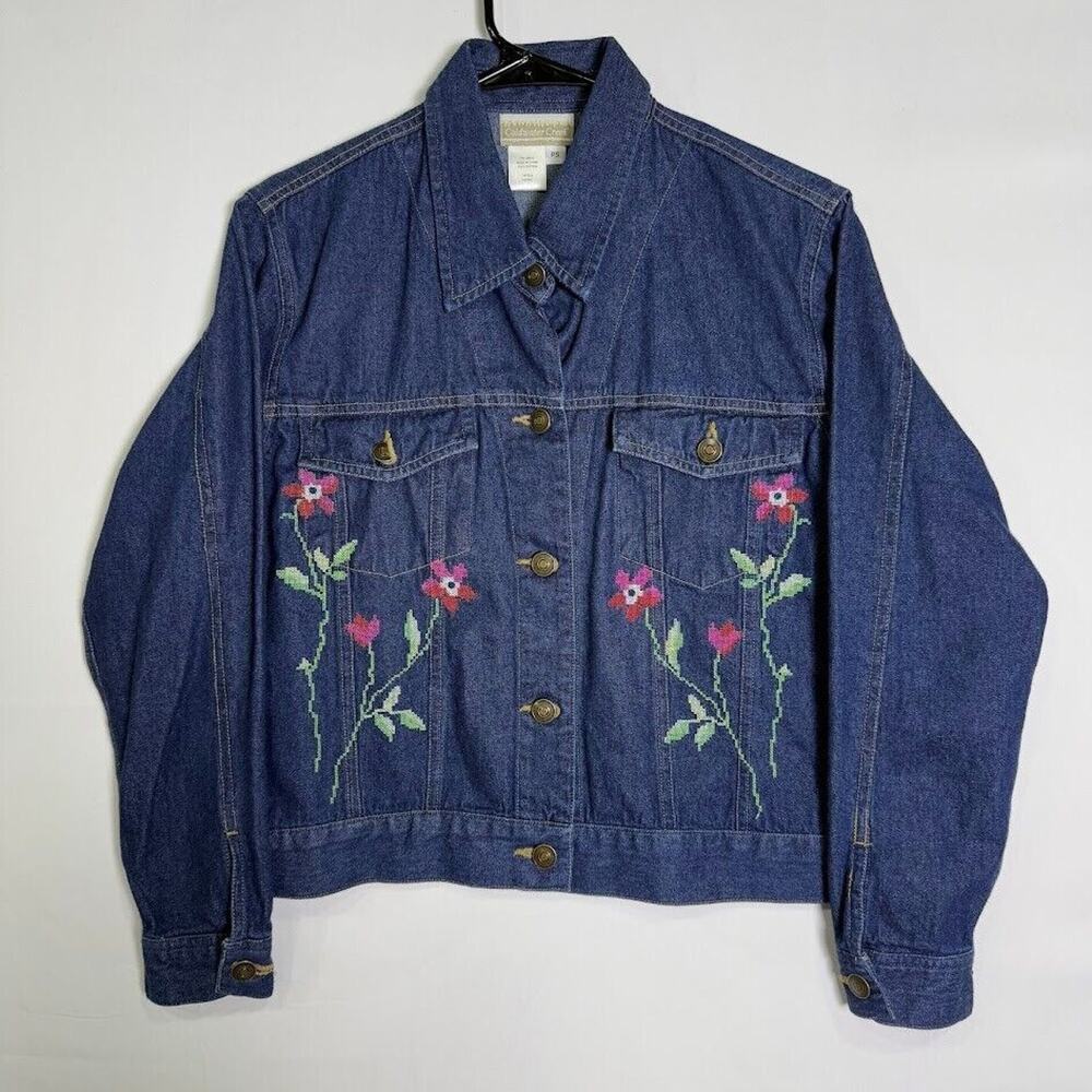 Coldwater Creek‎ Denim Jean Jacket Womens M Blue Cross Stitch Embroidered Floral